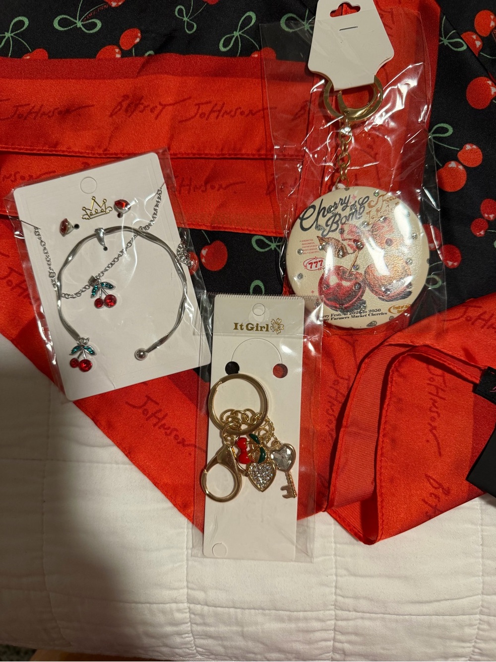 Betsey Johnson Cherry-Themed Scarf & Accessory Gift Bundle - Picture 4 of 11